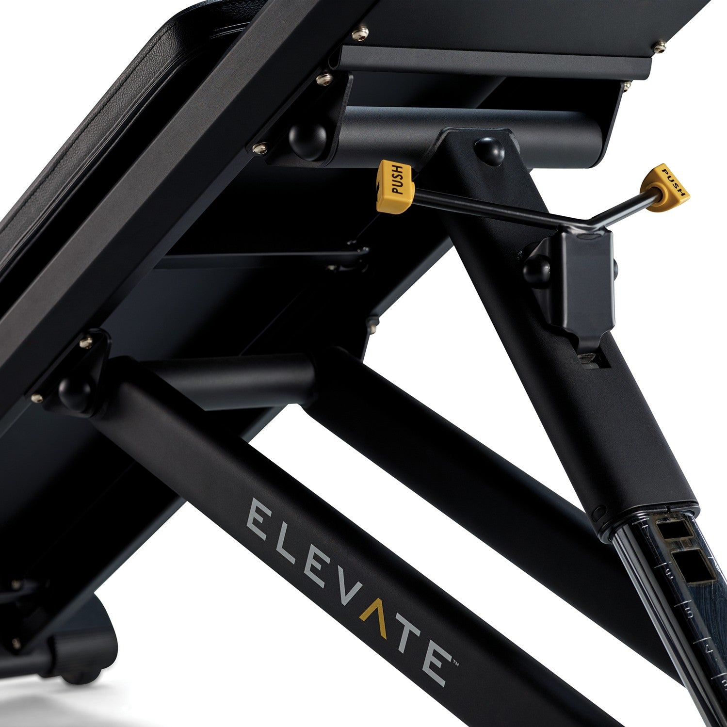 Close-up of the Total Gym ELEVATE Pull Up incline adjustment system and resistance level release lever showing adjustable bodyweight resistance settings for pull-up training