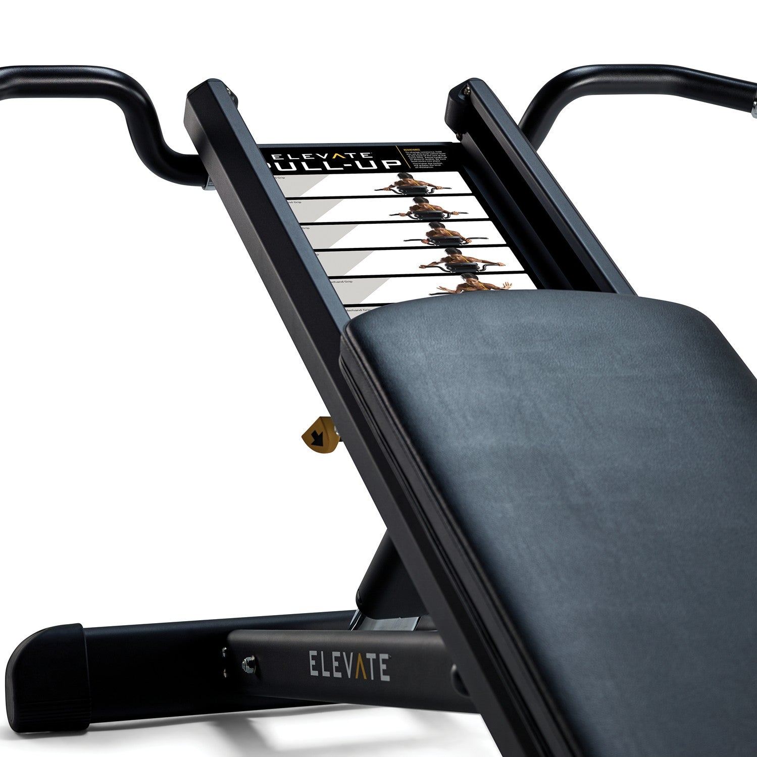 Close-up view of the Total Gym ELEVATE Pull Up assisted bodyweight trainer showing the pull-up handles, glideboard, and exercise placard