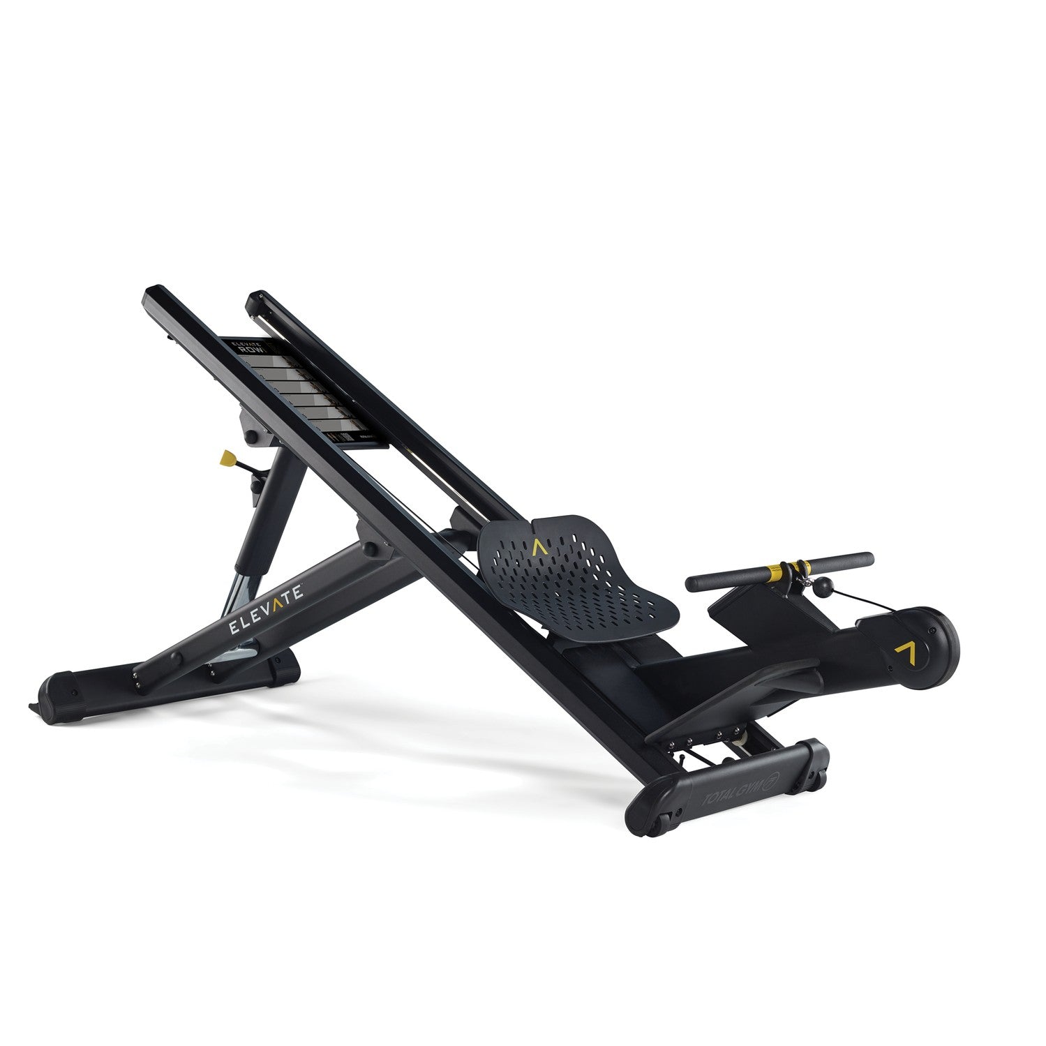 Total Gym ELEVATE Row ADJ adjustable incline rowing machine shown at an angle with adjustable incline rails and ergonomic seat
