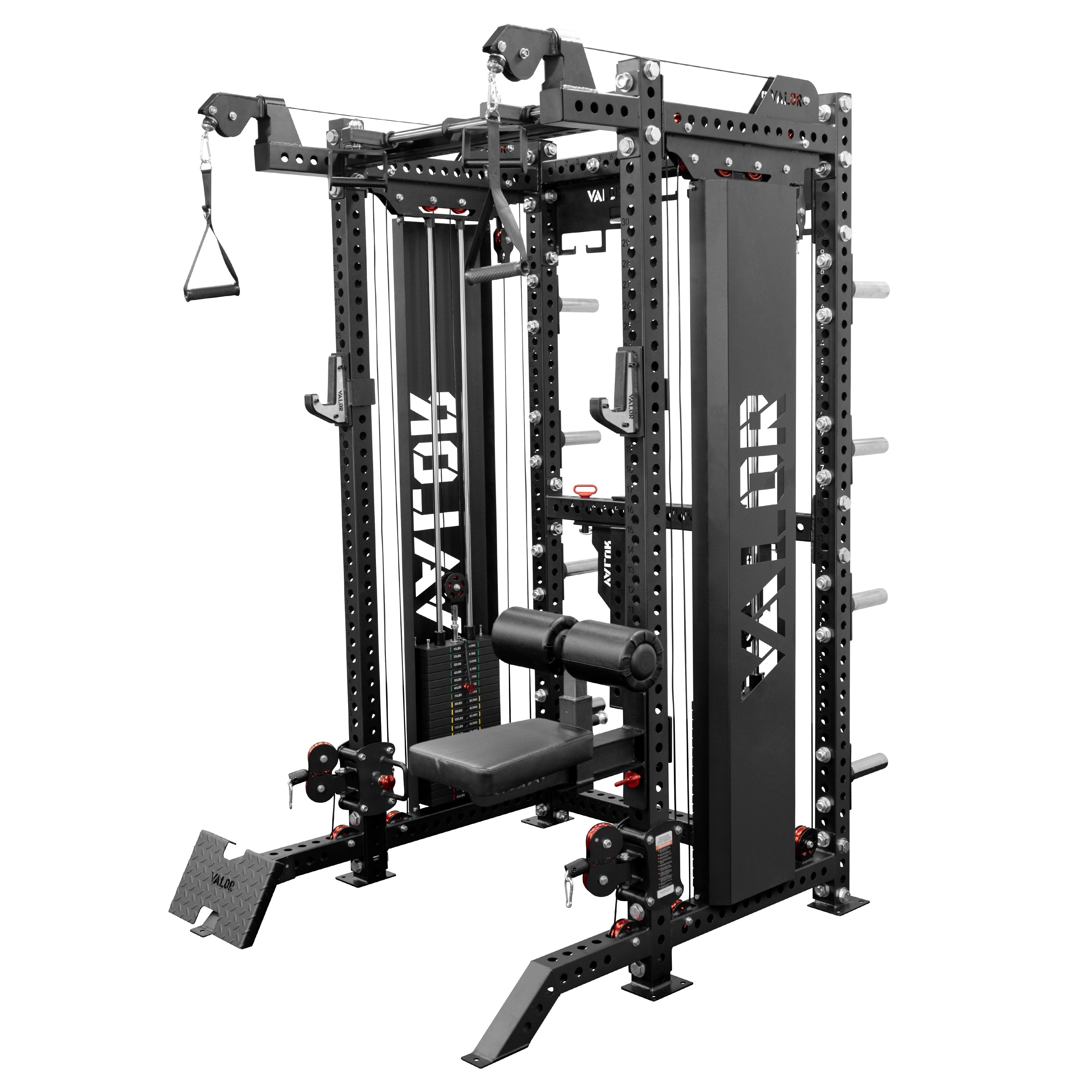 Valor Fitness BD-83 functional trainer power rack with dual weight stacks, lat pulldown seat, low row footplate, and cable pulley system front angle view