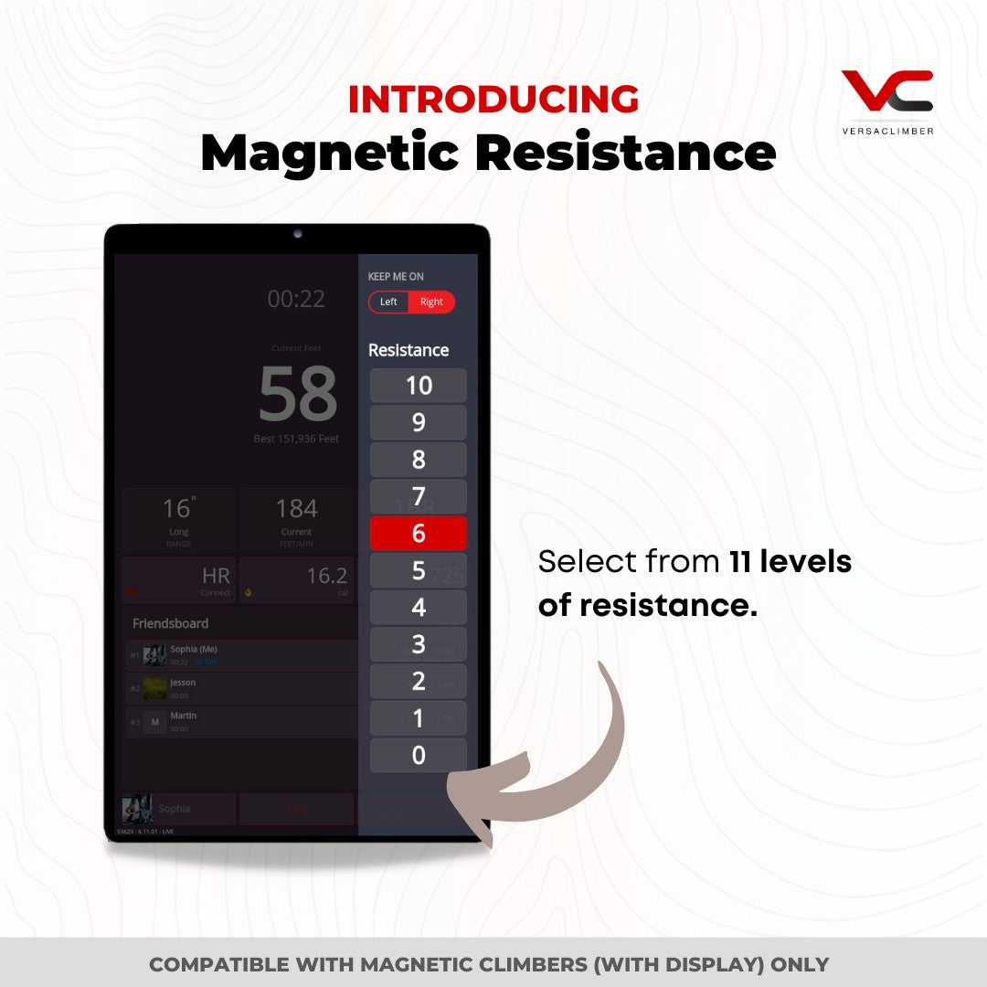 VersaClimber TS-Magnetic touchscreen displaying 11 selectable magnetic resistance settings from level 0 to 10
