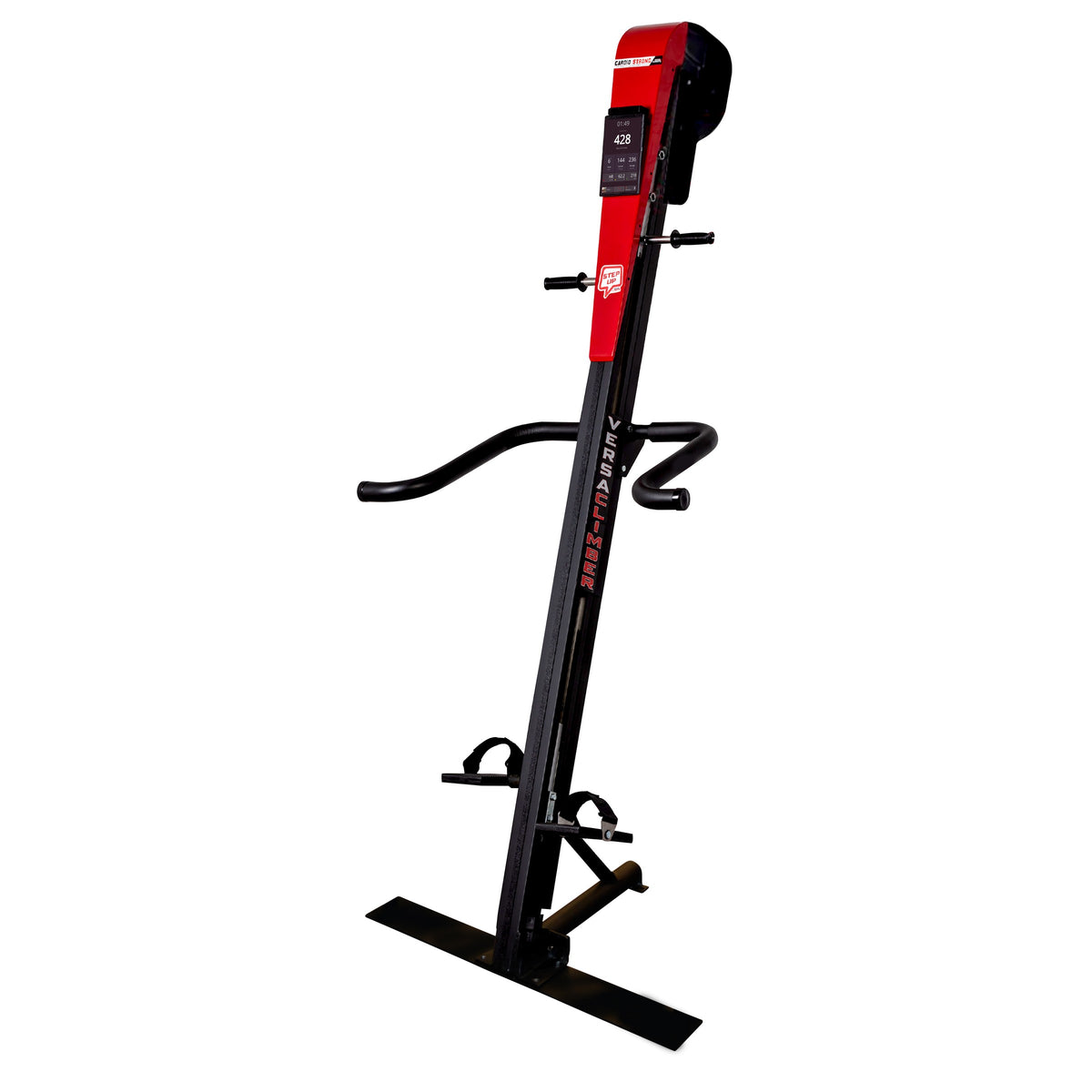 VersaClimber TS-Magnetic touchscreen vertical climber with floor-mounted base, red console housing and adjustable handlebars