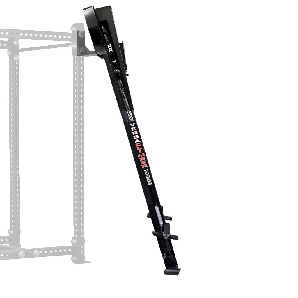 VersaClimber TS-Magnetic rack-mounted vertical climber attached to a fitness rack with black frame and adjustable foot pedals