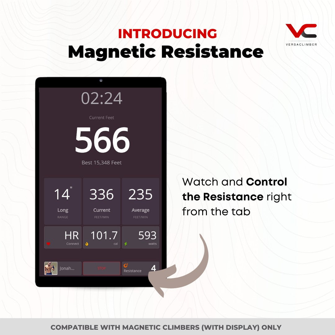 VersaClimber TS-Magnetic touchscreen interface showing adjustable magnetic resistance control and workout performance metrics