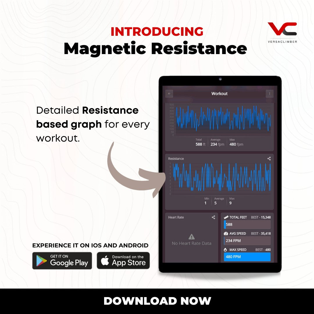 VersaClimber TS-Magnetic workout analytics showing resistance graphs, climbing speed and performance tracking with iOS and Android app availability