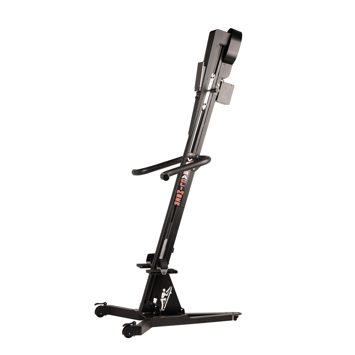 Side view of VersaClimber TS-Magnetic vertical climber with stackable base, transport wheels and adjustable handlebars