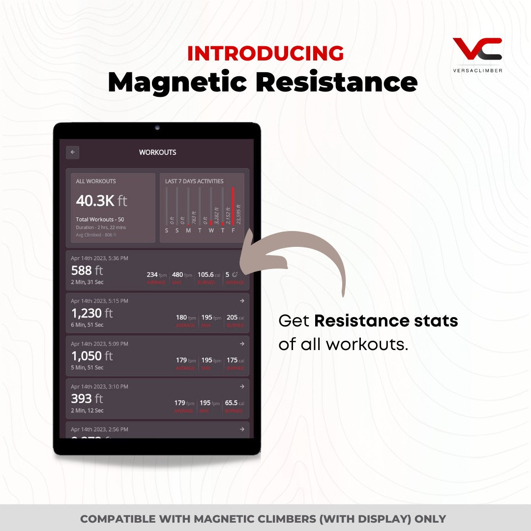 VersaClimber TS-Magnetic touchscreen displaying workout history, climbing distance, performance metrics and magnetic resistance statistics